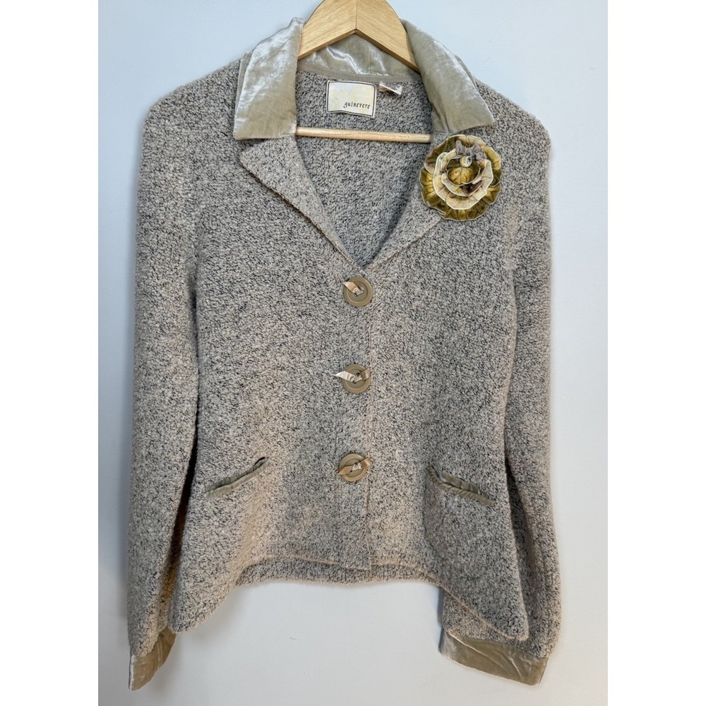 Anthropologie Guinevere Bouclé Knit Cardigan Velvet Trim Romantic Cottagecore L